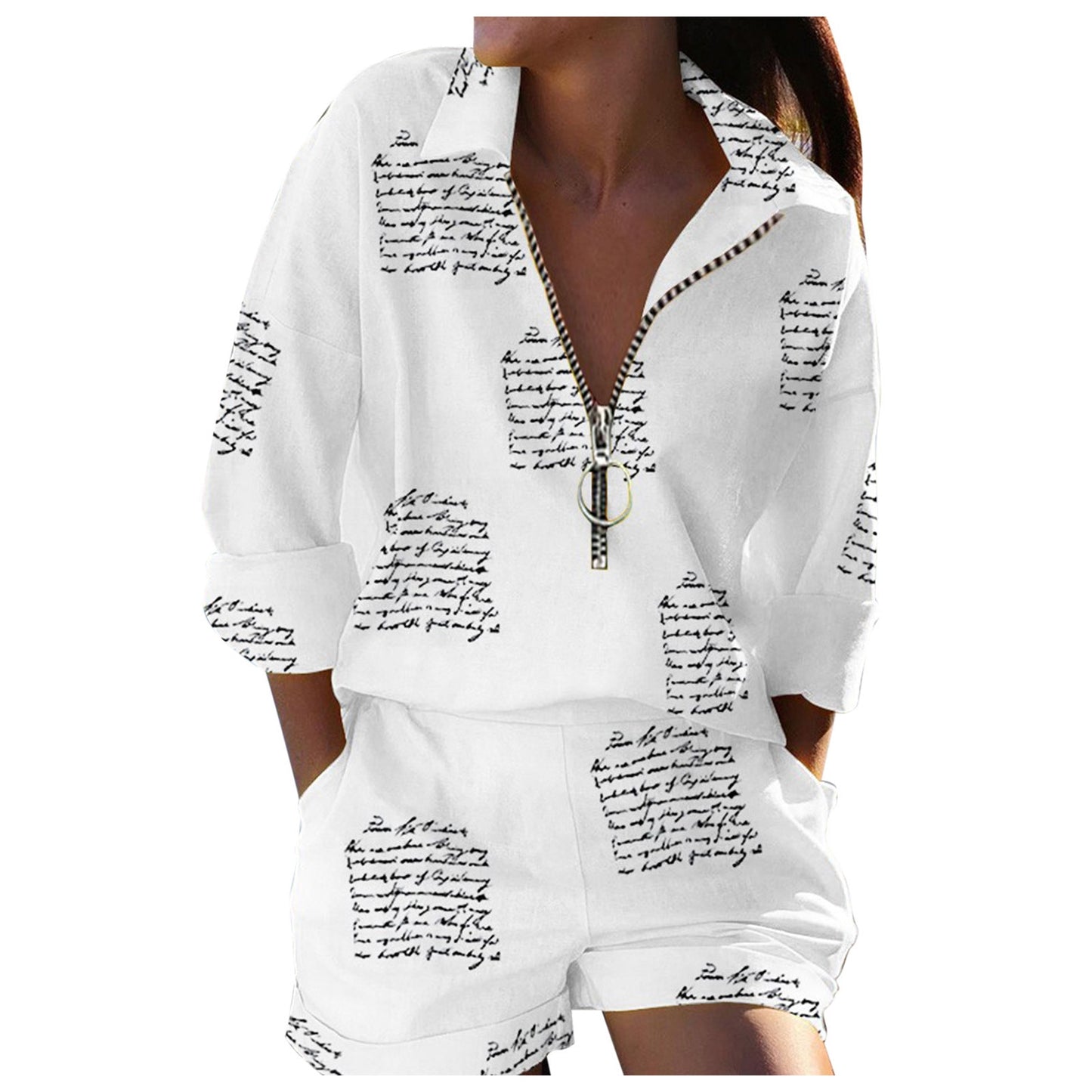 Long Sleeve Shirt &amp; Pocket Design Shorts Set Women&#39;s 2-piece Set