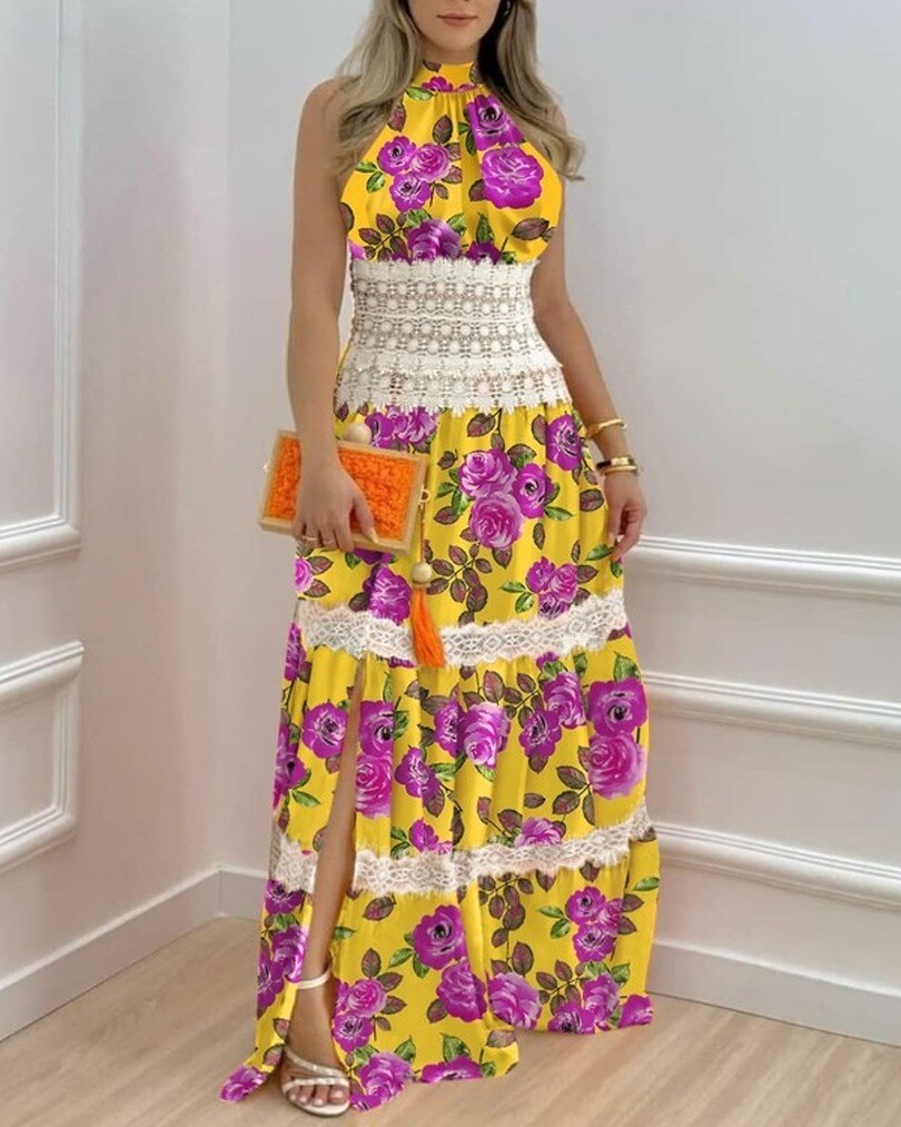 2022 African Dresses For Women Sexy Long Lace Maxi Dress Summer Slim Backless Elegant Fashion Print Swing Dress Africa Clothing