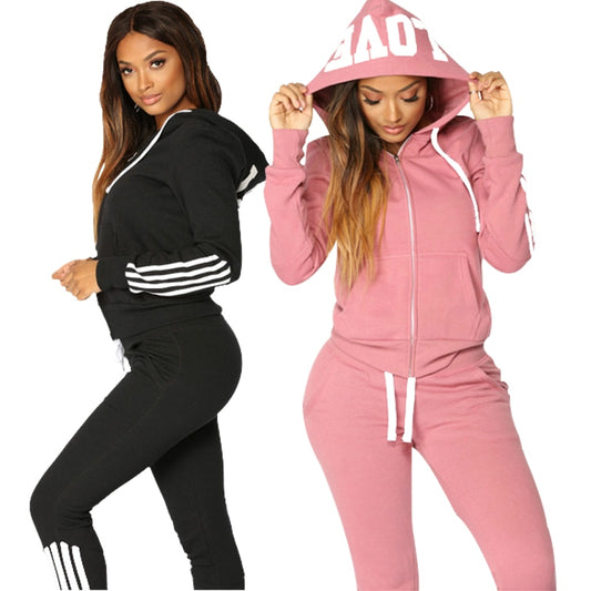 Fashion Ladies Autumn Winter Two Piece Sportswear Drawstring Design Hooded Fitness Women's Sportswear Casual Zipper Sports Suit