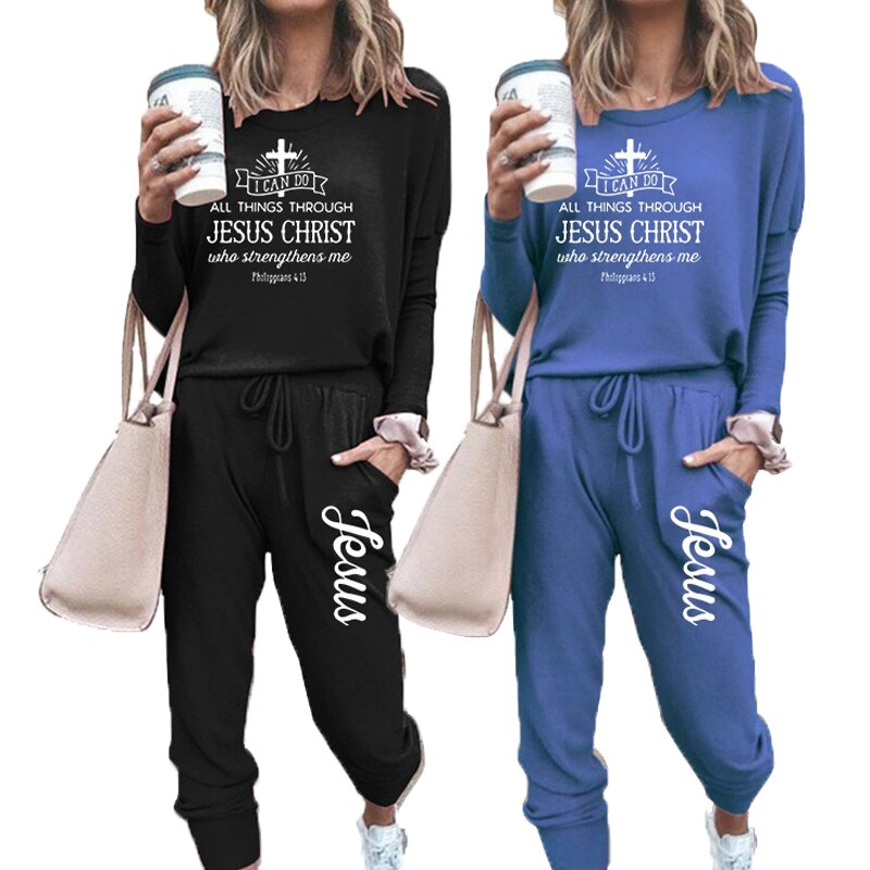 Women's Jesus Logo Tracksuit Set Sportswear Tracksuit Set Solid Color Long Sleeve Jogging Top + Pants (7 Colors) S-2XL