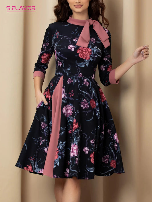 S.FLAVOR Vintage Floral Printed O-neck A-line Dresses Patchwork Style 3/4 Sleeve Retro Vestidos De With Bow 2022 Autumn