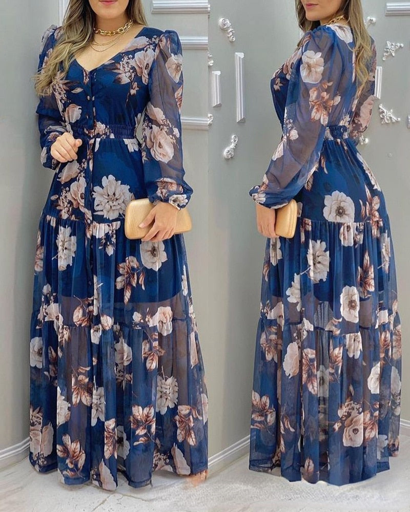 Women&#39;s 2021 New Summer Blue Printed Chiffon Dress-With Lining