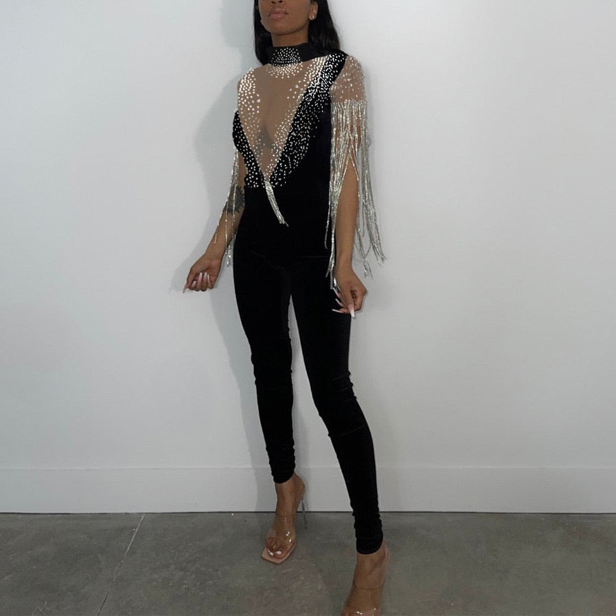 Sexy Jumpsuits 2022 New Arrivals Women Transparent Diamond Tassel High Waisted Elegant Evening Night Party Club Rompers Jumpsuit