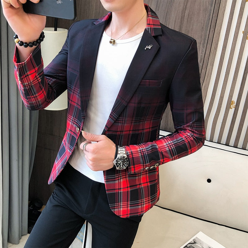 Men Blazer 2022 Spring New Colorblock Plaid Blazer Men Slim Casual Man Blazers Wedding Business Party Clothing Dress Men Coats