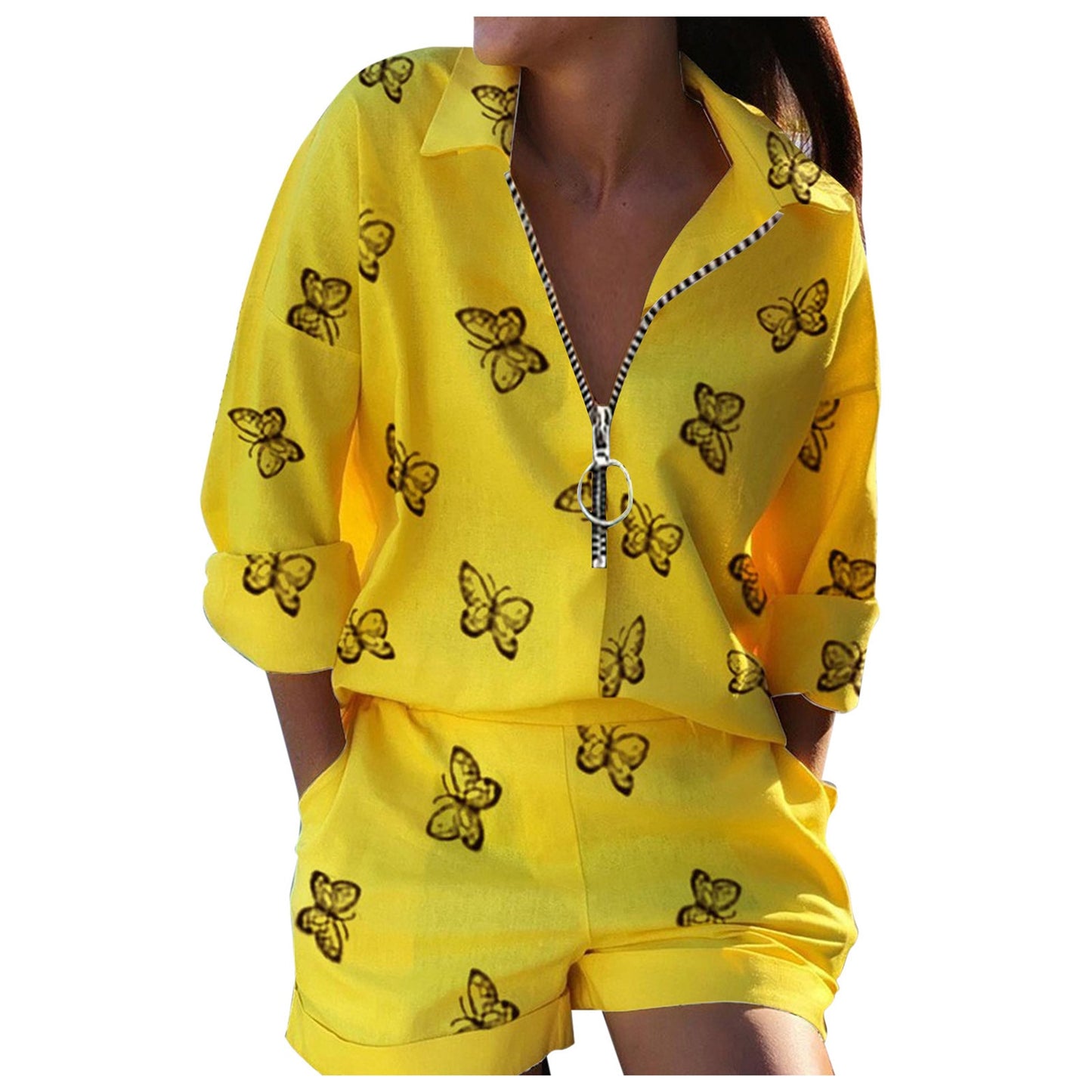 Long Sleeve Shirt &amp; Pocket Design Shorts Set Women&#39;s 2-piece Set