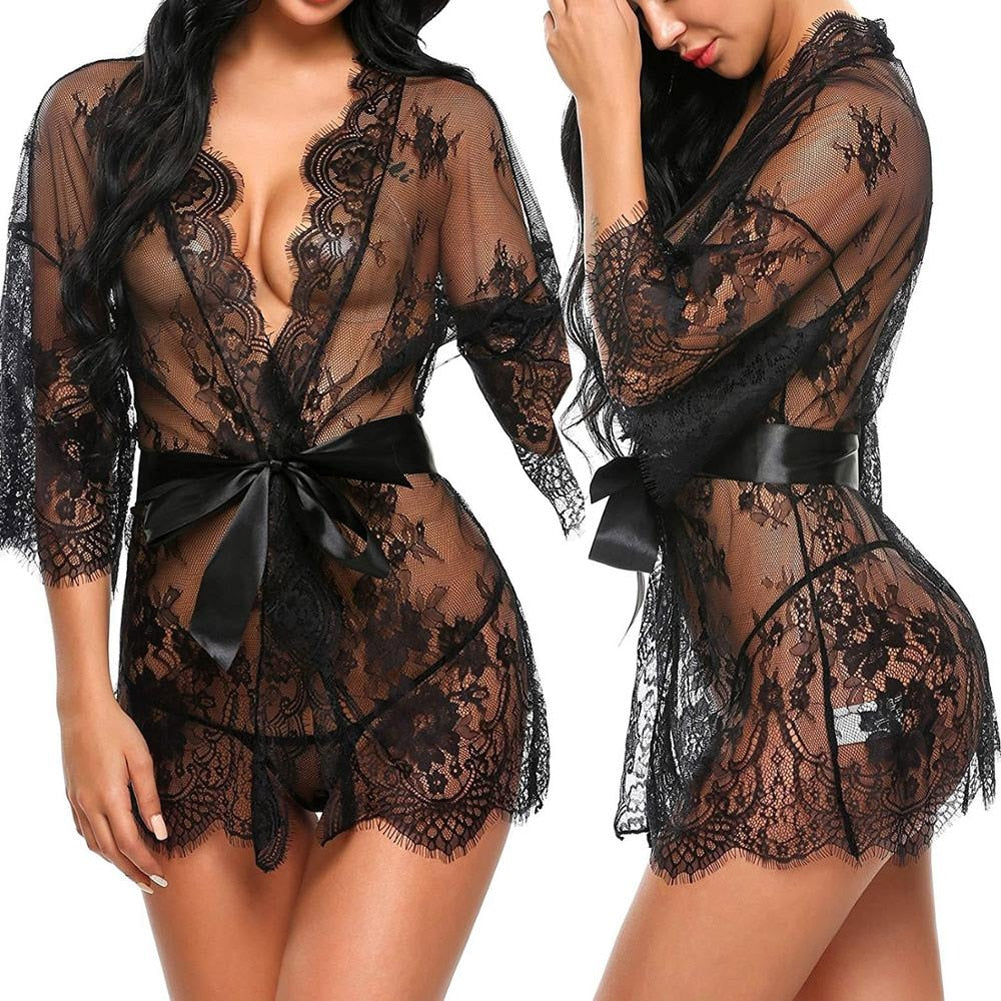 New Sexy Women Lingerie Lace Ruffles Robe See-through Babydoll Underwear Sleepwear Night Dress Erotic Sex Clothes