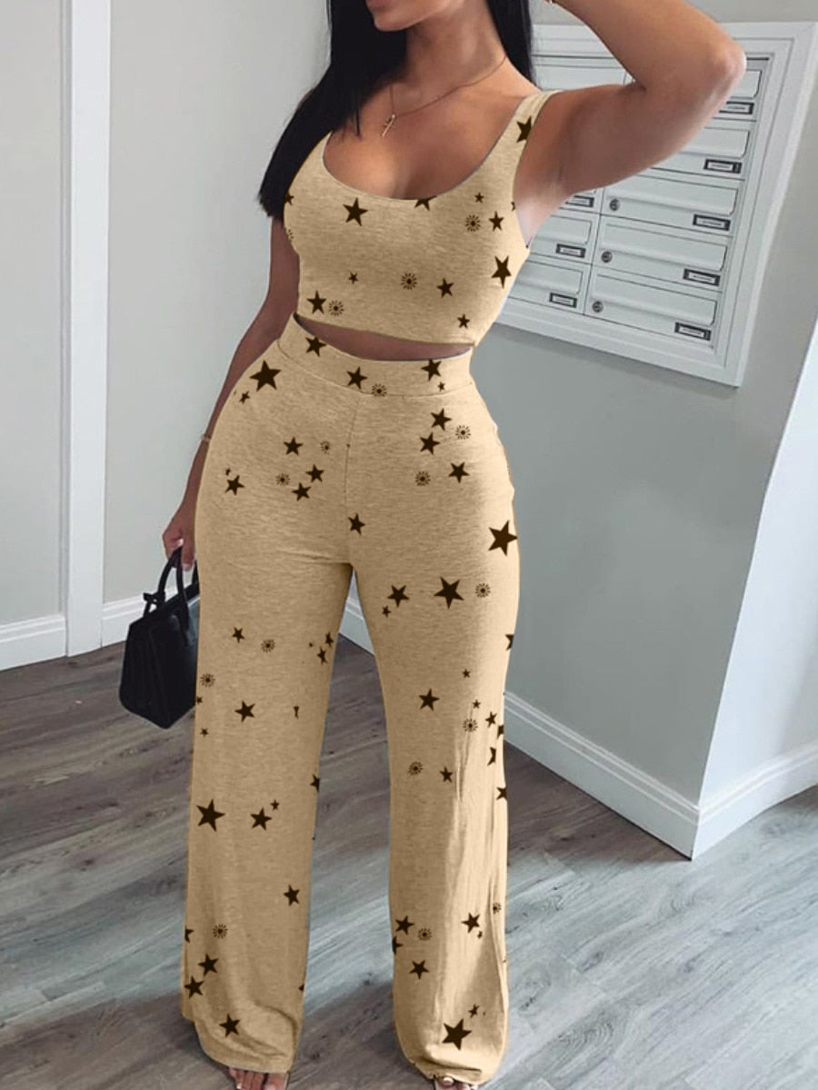 Women Two Piece Set Star Print Crop Short Tank &amp; Long Pants Suits O-neck Crop Top Sweatpants Women&#39;s Clothing Summer 2022