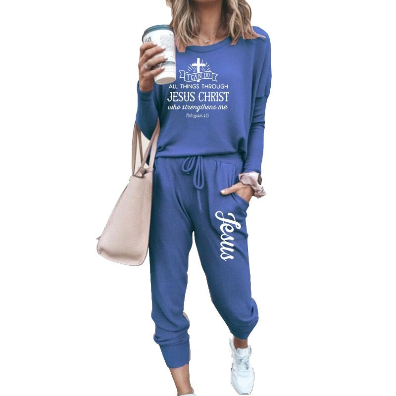 Women's Jesus Logo Tracksuit Set Sportswear Tracksuit Set Solid Color Long Sleeve Jogging Top + Pants (7 Colors) S-2XL