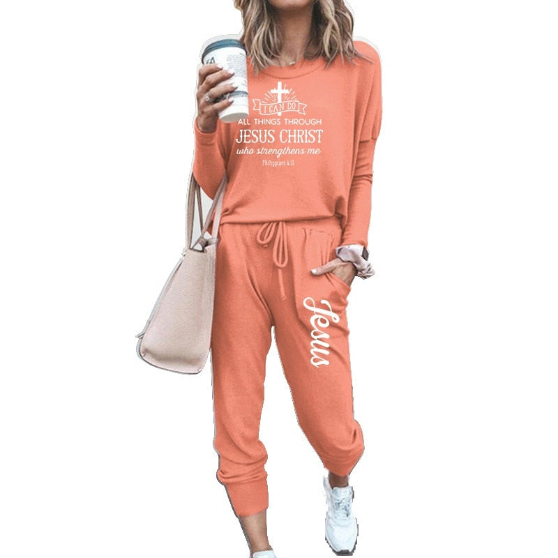 Women's Jesus Logo Tracksuit Set Sportswear Tracksuit Set Solid Color Long Sleeve Jogging Top + Pants (7 Colors) S-2XL