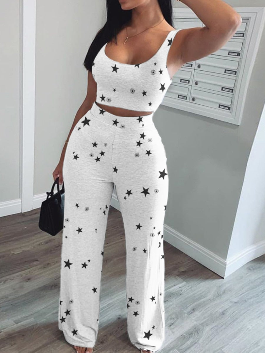 Women Two Piece Set Star Print Crop Short Tank &amp; Long Pants Suits O-neck Crop Top Sweatpants Women&#39;s Clothing Summer 2022