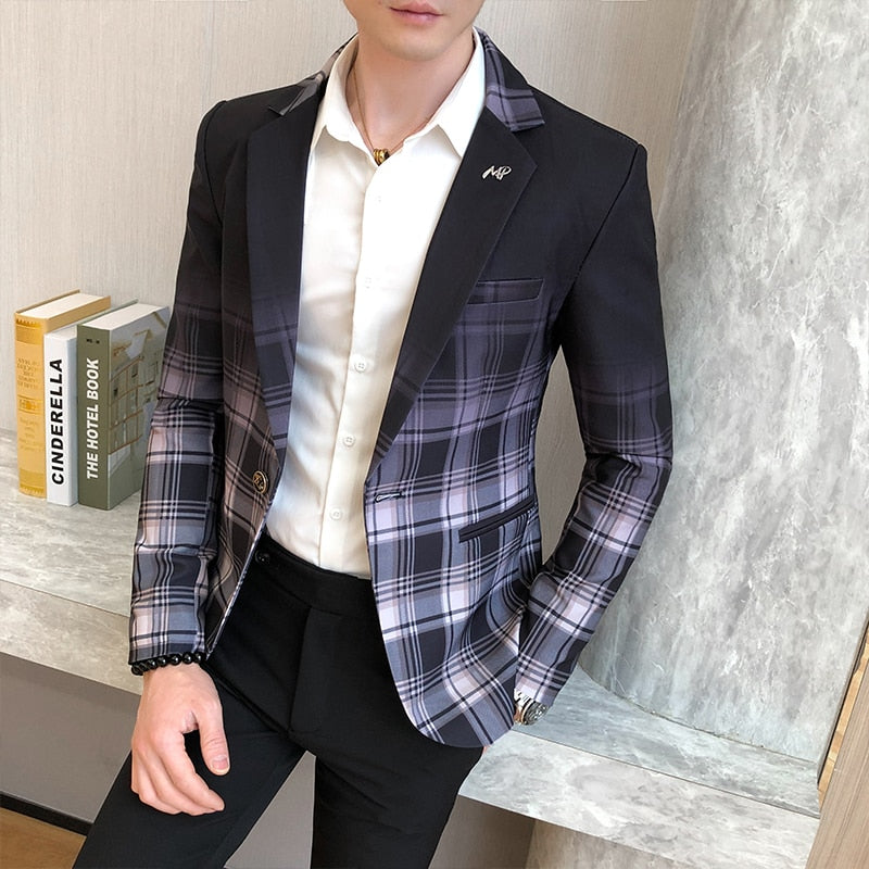 Men Blazer 2022 Spring New Colorblock Plaid Blazer Men Slim Casual Man Blazers Wedding Business Party Clothing Dress Men Coats