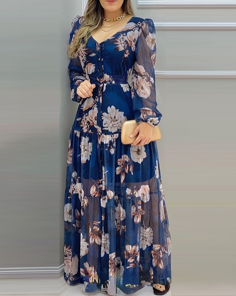 Women&#39;s 2021 New Summer Blue Printed Chiffon Dress-With Lining