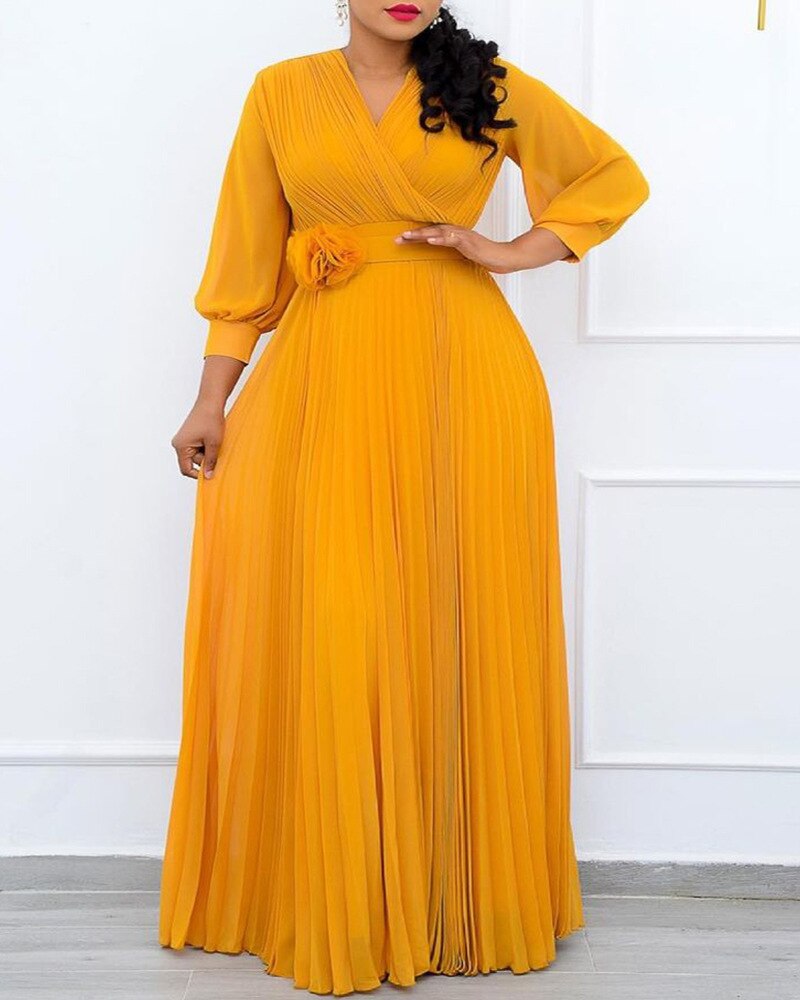 African Dress For Women Chiffon Maxi Dress African Clothes Robe Vintage Yellow Deep V Neck High Waist Pleated Party Dress Female